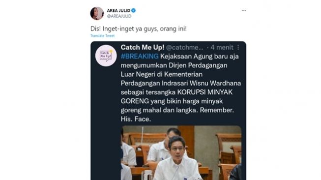 Tangkapan layar kemarahan publik usai Dirjen PLN Kementerian Perdagangan, Indrasari Wisnu Wardhana, ditetapkan sebagai tersangka korupsi minyak goreng. (Twitter/@AREAJULID)