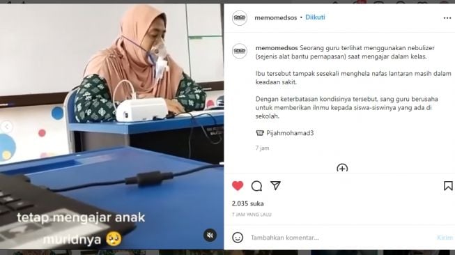 Nyesek, Guru Ini Tetap Mengajar Meskipun Dalam Keadaan Sakit dan Mengenakan Nebulizer