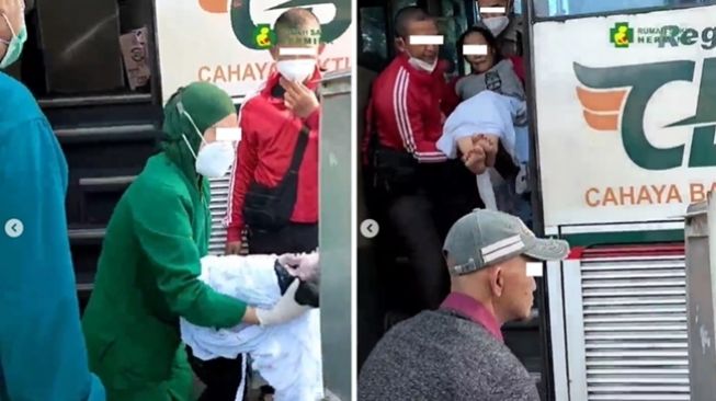 Viral momen ibu melahirkan bayi di dalam bus jurusan Jakarta-Bogor. (Instagram/@rsuherminasolo)