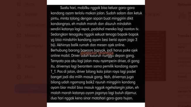 Curhat warganet punya tetangga rese, mobil tak bisa masuk tertutup kandang ayam (Twitter)