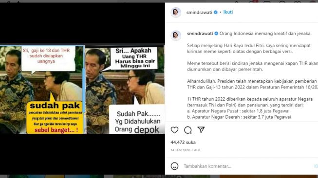 Disindir Tentang THR dan Gaji Lewat Meme, Sri Mulyani: Orang Indonesia Memang Kreatif dan Jenaka