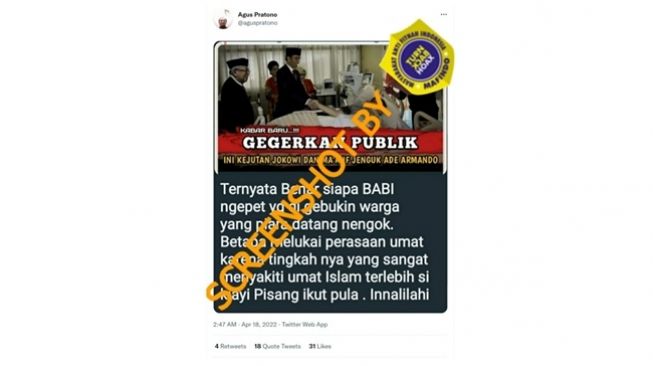 Tangkapan layar pengguna Twitter yang membagikan thumbnail video YouTube yang memberitakan Jokowi dan Ma'ruf Amin menjenguk Ade Armando. (Turnbackhoax.id)