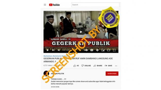 Tangkapan layar thumbnail video YouTube yang memberitakan Jokowi dan Ma'ruf Amin menjenguk Ade Armando. (Turnbackhoax.id)