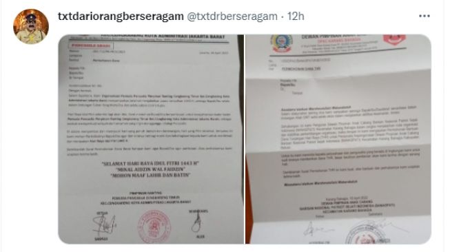 Tangkapan layar surat permintaan THR yang dibuat ormas untuk pengusaha. [Twitter @txtdrberseragam ]