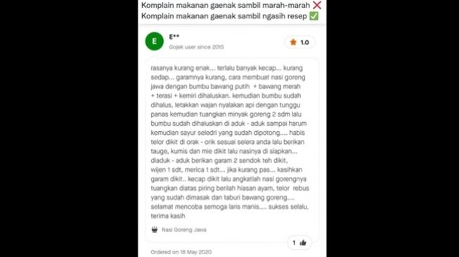 Pembeli kasih bintang satu sekaligus resep agar masakan yang dijual lebih enak. (Instagram/@lambe_ojol)