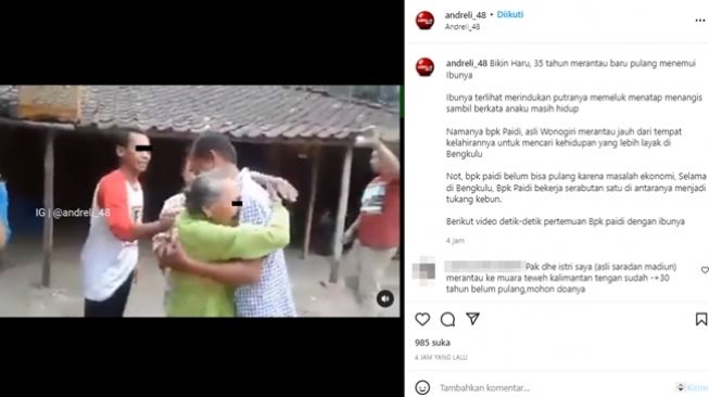 Momen haru pertemuan ibu dan anaknya yang sudah 35 tahun merantau. (Instagram/@andreli_48)