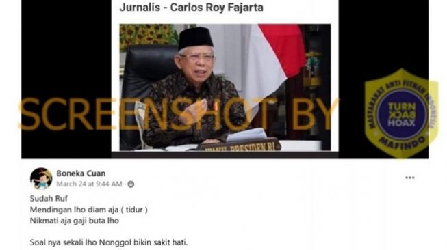 Tangkapan layar akun Facebook yang mengunggah artikel mengenai Ma'ruf Amin yang menyebut ibu-ibu cukup membayar menggunakan kartu apabila Jokowi terpilih lagi 3 periode. (Turnbackhoax.id)