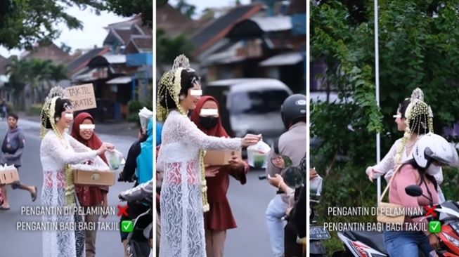 Pengantin perempuan terciduk bagi-bagi takjil di pinggir jalan. (Instagram/@nurelita_wedding)