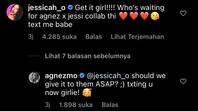 Percakapan Jessi dengan Agnez Mo di Instagram. (Instagram.com)