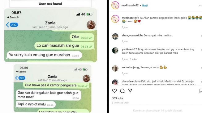 Medina Zein mengunggah foto percakapannya dengan Zania, perempuan yang diduga sebagai selingkuhan Lukman Azhari. [Instagram]