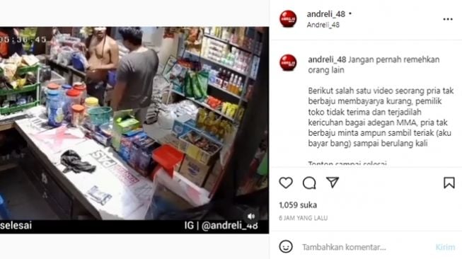 Pria sok jagoan hajar pemilik toko karena tak punya cukup uang untuk membayar belanjaan. (Instagram/@andreli_48)