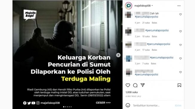 Keluarga korban pencurian malah dilaporkan balik oleh terduga maling. (Instagram/@majeliskopi08)