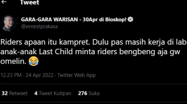 Cuitan Ernest Prakasa soal riders. [Twitter]