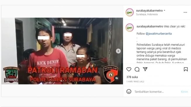 Klarifikasi driver ojol yang memaksa pemilik rumah di Surabaya menerima kiriman paket padahal tidak memesan, ternyata orderan fiktif. (Instagram/@surabayakabarmetro)