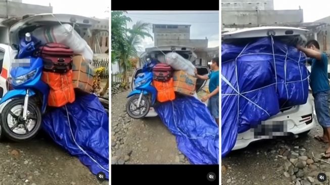 Pemudik Paksa Masukkan Sepeda Motor dan Karung ke Bagasi Mobil, Publik Elus Dada: Gak Sekalian Rumahnya?