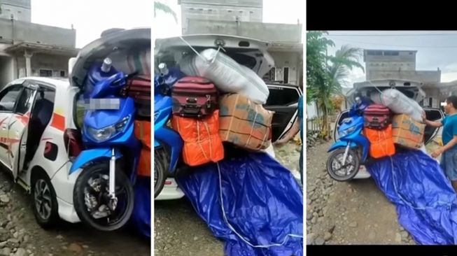 Pemudik paksa masukkan sepeda motor dan karung ke dalam bagasi. (Instagram/@dagelan)