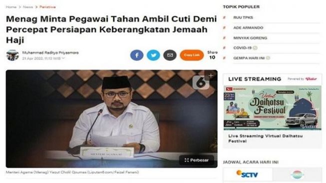 Tangkapan layar artikel Liputan6.com yang sebenarnya, yakni mengenai persiapan Haji yang disampaikan Menteri Agama Yaqut Cholil Qoumas. (Liputan6.com)