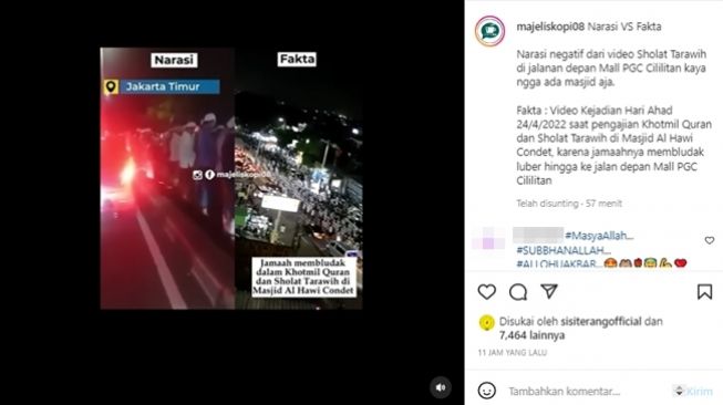 Viral salat tarawih berjemaah di trotoar depan PGC Cililitan menuai reaksi negatif, ternyata begini faktanya. (Instagram/@majeliskopi08)