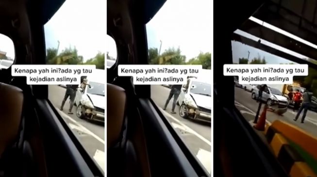 Kondisi mobil sudah ringsek dan kaca pecah, namun perampok yang dikejar di Tol Pasir Koja Bandung tetap berusaha kabur. (Instagram/@noreceh_id)