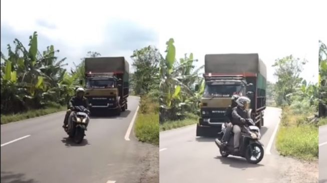 Nyaris Kena! Melaju di Depan Truk, Pengendara Motor Belok Tanpa Nyalakan Lampu Sein, Warganet: Ngeprank Ajal