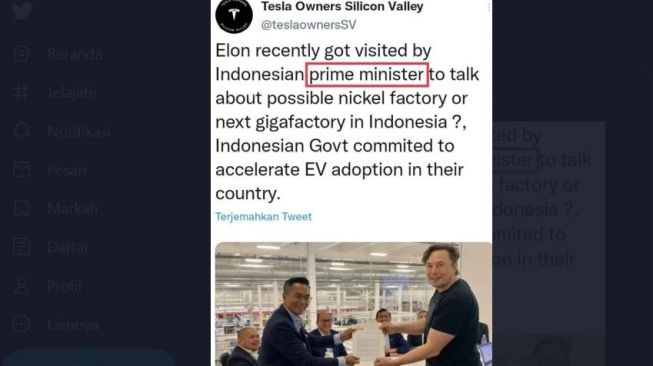 Akun Tesla Klub Sebut Luhut Perdana Menteri Indonesia (Ist)