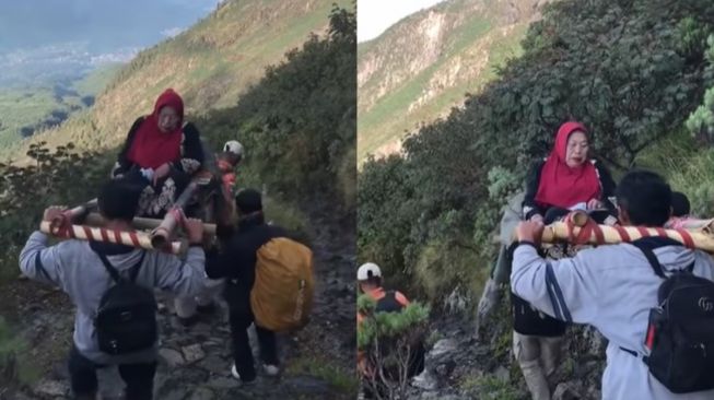 Mbok Yem Pemilik Warung di Puncak Lawu Ditandu Turun Gunung