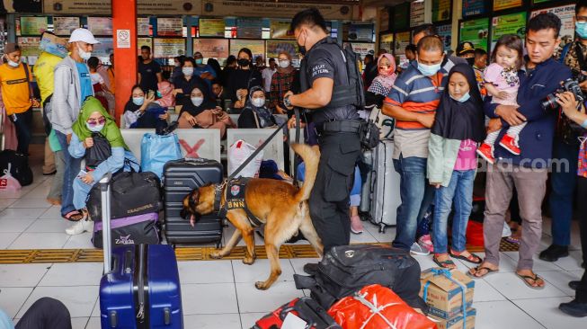 Tim K9 dari BNN melakukan pemeriksaan barang bawaan para pemudik di Terminal Kampung Rambutan, Jakarta Timur, Rabu (27/4/2022). [Suara.com/Alfian Winanto]