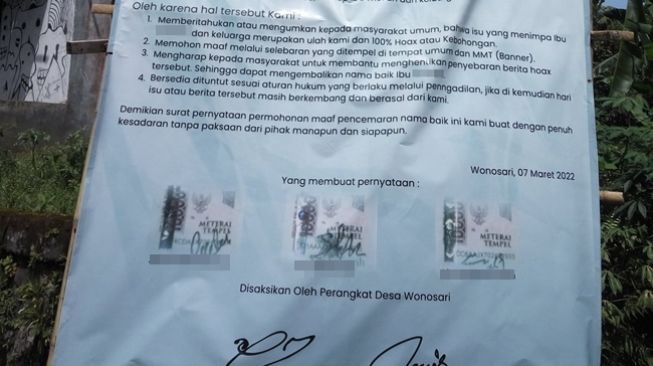 Viral tetangga julid disuruh buat baliho permohonan maaf usai sebar hoaks pelihara tuyul. (Twitter)