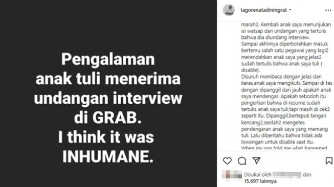 Viral calon mitra Grab tuli didiskriminasi satpam dan staf saat akan wawancara, tuai klarifikasi seperti ini. (Instagram/@tagorenatadiningrat)