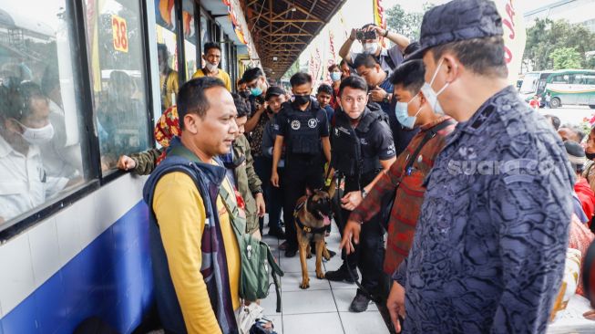 Tim K9 dari BNN melakukan pemeriksaan barang bawaan para pemudik di Terminal Kampung Rambutan, Jakarta Timur, Rabu (27/4/2022). [Suara.com/Alfian Winanto]