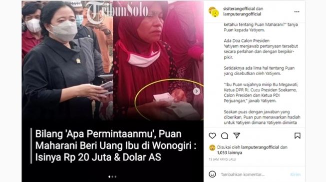 Puan Maharani hadiahkan uang tunai Rp 20 juta dan USD 1.000 ke buruh tani di Wonogiri yang sempat mendeskripsikan dirinya sebagai Ketua DPR RI dan Calon Presiden. (Instagram/@sisiterangofficial)