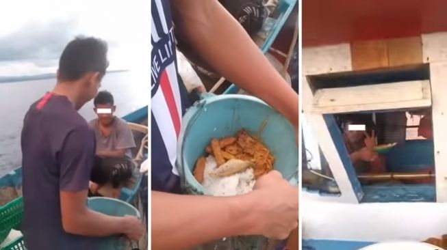 Tak kebagian piring, nelayan ini nekat berbuka puasa menggunakan ember. (Instagram/@viralyes)