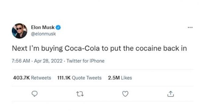 Cuitan Elon Musk di Twitter terkait rencana pembelian Coca-Cola. [Tangkapan layar Twitter]