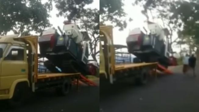 Operator Pilih Loncat saat Menaikkan Alat Berat ke Truk, Endingnya Tak Terduga