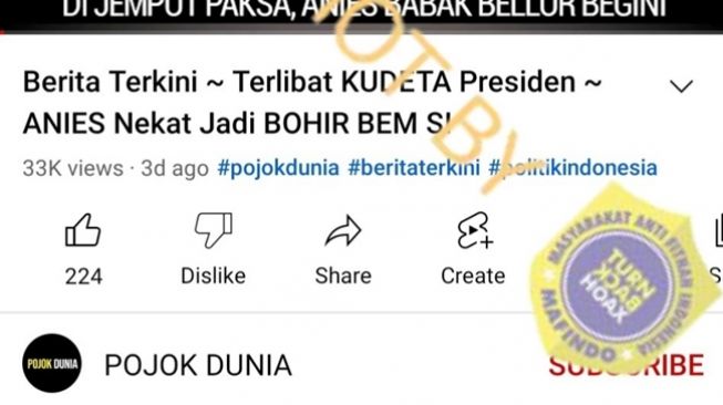 Tangkapan layar judul unggahan video dari akun YouTube POJOK DUNIA yang menyertakan klaim Anies Baswedan babak belur saat dijemput paksa gara-gara terlibat kudeta presiden. (Turnbackhoax.id)