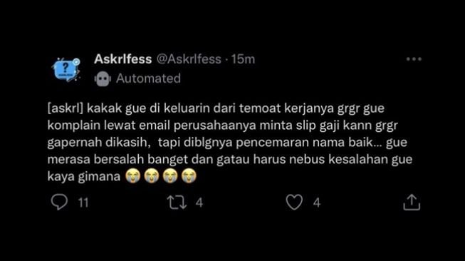 Adik lancang protes soal tak dapat slip gaji hingga menyebabkan kakak dipecat. (Twitter/@Askrlfess)