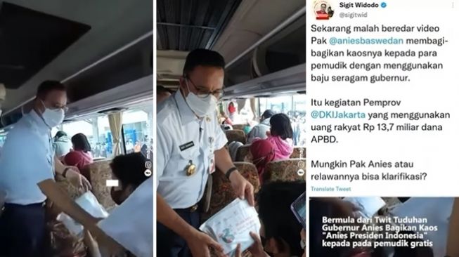 Anies Baswedan terlihat membagikan paket terbungkus zipping bag kepada para pemudik gratis dari DKI Jakarta, yang diduga berisi kaos kampanye, dan kini dipermasalahkan Juru Bicara PSI Sigit Widodo. (Instagram/@majeliskopi08)