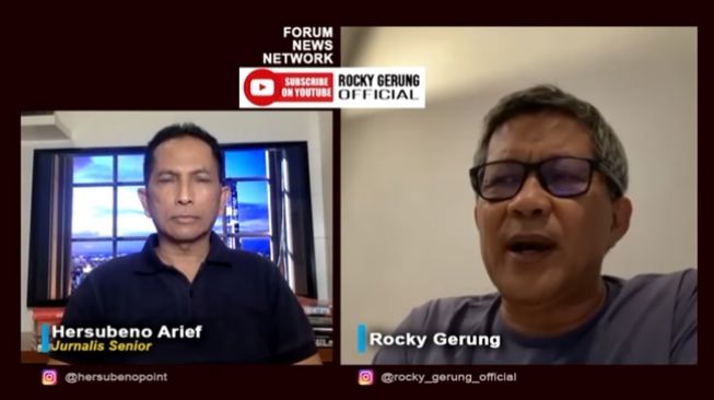 Hersubeno Arief dan Rocky Gerung saat berdiskusi mengenai larangan ekspor CPO. (YouTube/Rocky Gerung Official)