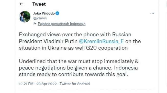 Cuitan Jokowi usai telepon Presiden Vladimir Putin. [Tangkapan layar akun Twitter @jokowi]