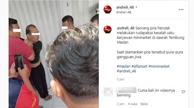 Pria langsung pura-pura punya gangguan kejiwaan usai ketahuan hampir perkosa karyawan minimarket di daerah Medan Tembung, Kota Medan, Sumatera Utara. (Instagram/@andreli_48)