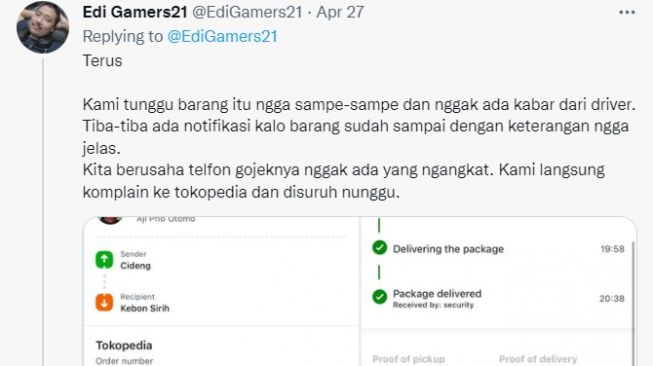 Curhatan calon konsumen tentang kelakuan driver ojol yang nilep Ipad miliknya (Twitter)