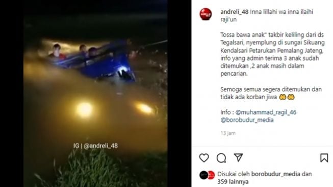 Bocah di Pemalang malah berakhir tenggelam saat takbir keliling pakai sepeda motor roda tiga dengan bak, satu orang dinyatakan meninggal dunia. (Instagram/@andreli_48)