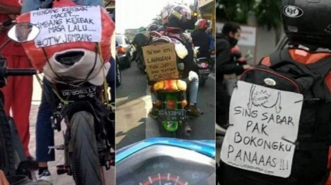 Kocak! 5 Pemudik Ini Tertangkap Kamera Pasang Tulisan Nyeleneh di Motor