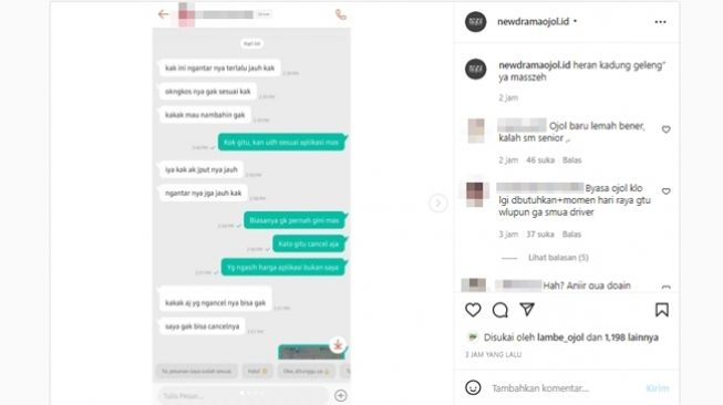 Driver ojek online (ojol) malah minta customer ambil pesanan makanannya sendiri karena ongkos kirim (ongkir) dianggap terlalu sedikit. (Instagram)