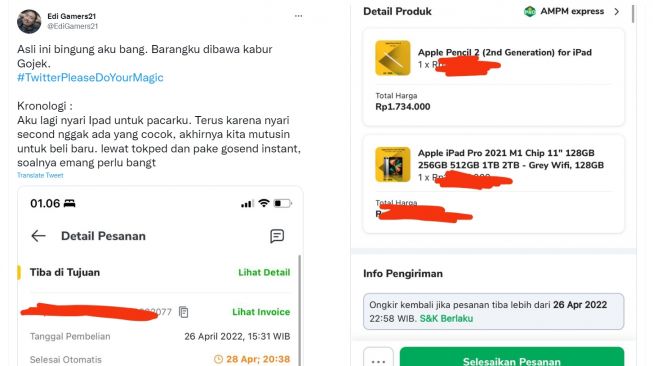 Curhatan calon konsumen tentang kelakuan driver ojol yang nilep Ipad miliknya (Twitter)