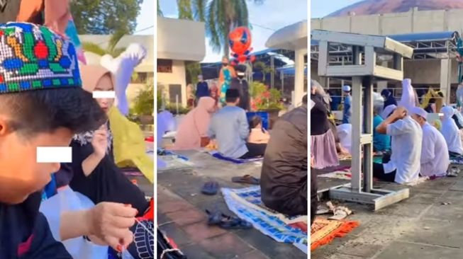 Viral jemaah pria dan wanita bercampur saat menunaikan salat Idul Fitri, bahkan ada yang terekam asyik makan makanan ringan. (Instagram/@underc0ver.id)