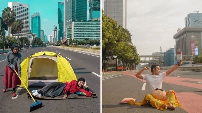 Warga santai mendirikan tenda untuk berkemah dan bahkan tidur di tengah jalan Jakarta yang lengang selama libur Lebaran 2022. (Ist)