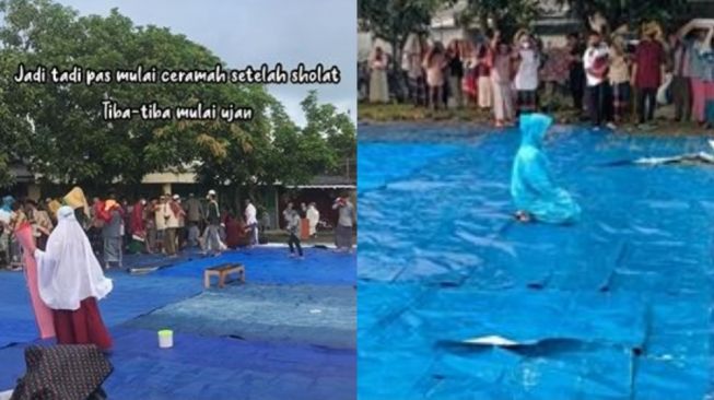 Viral Satu Jemaah Dengarkan Ceramah Salat Ied di Bawah Guyuran Hujan, Satu-satunya yang Bertahan