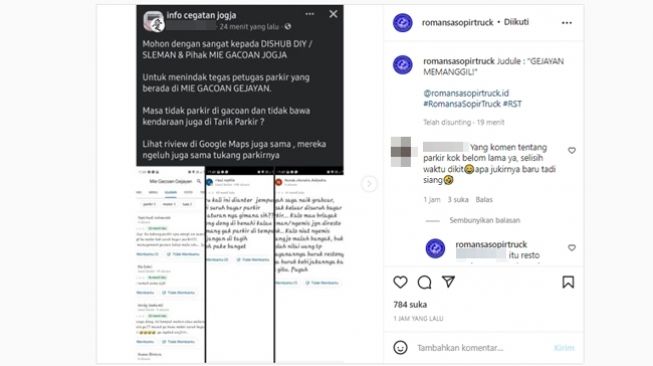 Komplain pembeli tak bawa kendaraan bermotor tetapi ditagih biaya parkir diduga di warung Mie Gacoan Gejayan, DI Yogyakarta. (Instagram/@romansasopirtruck)