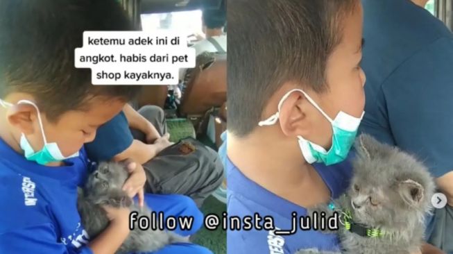 Video Gemas! Bocah Ini Gendong Kucingnya di Angkot, Warganet: Dia Kayaknya ke Petshop Pakai Uang THR